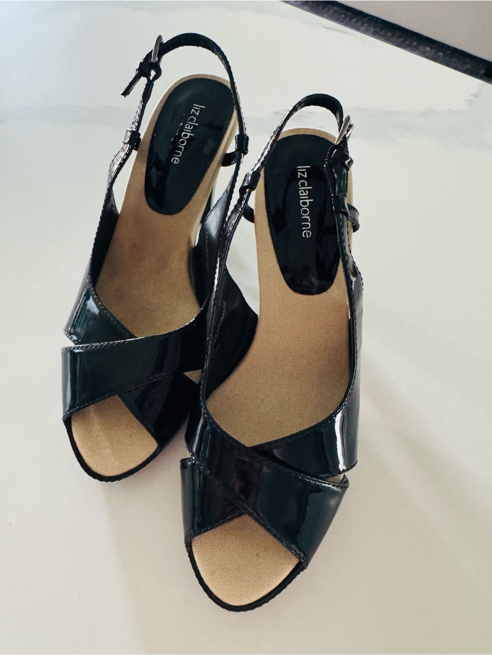 Liz Claiborne Black Leather Patent Peep-Toe Slingback Heels Sz 7.5